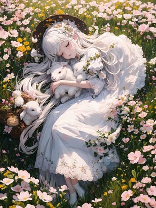 1 girl, sleep in flower field, holding cute white lamb ,Witch, detailed lamb , detailed face, 