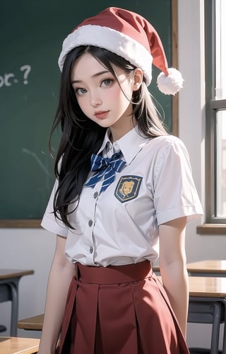 solo,((Cute girl)),santa hat,Realism,cowboy_shot,school uniform,in the classroom,