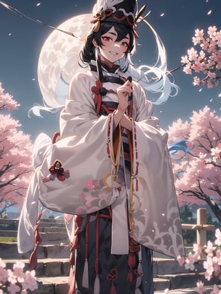 1girl,((18 years old)),((onmyouji)),((tate eboshi)),(full moon),nice hands, perfect hands,smile,flurry of falling cherry blossoms