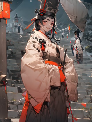 ((glow)),1girl,18 years old,(((onmyouji))),((tate eboshi)),((hakama)),looking at viewer,smile,(((kyoto's cul-de-sac at night))),((cowboy shot)),weapon,battle