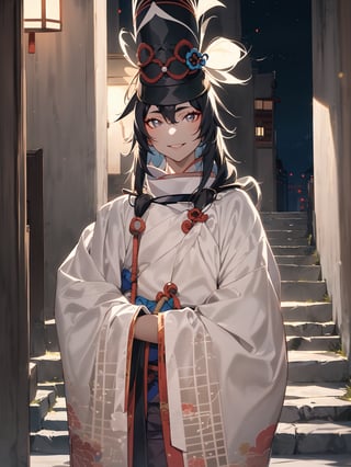 ((professional lighting)),sf,japanese,1girl,18 years old,((onmyouji)),((tate eboshi)),looking at viewer,smile,(((dimly lit alley of night))),cowboy_shot 