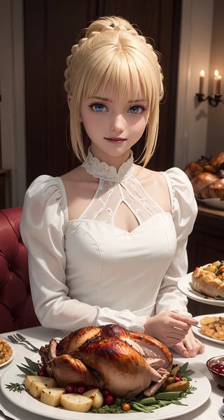 (masterpiece, 8k, raw), phSaber, phAltoria, sitting, ((plate of Thanksgiving roast turkey close to viewer:1.3)), surrounded by potatoes, vegetables, cranberry sauce, gravy, and pie, looking at tviewer, overjoyed look, dynamic view, blond hair, bangs, hair bun, french braid, hair locks,juliet sleeves, hair between eyes, short hair, single hair bunblue eyes, white dress, upper body, 
,phSaber