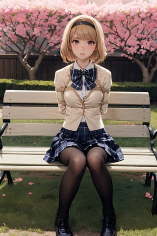 8K, masterpiece, best quality, nishijounanami, hairband, bowtie, yellow blazer, plaid skirt, pantyhose, loafers, sitting, bench, flowers, spring, looking at viewer, surprised look, 
nishijounanami, ,medium_breast_bondage,best quality,incredibly absurdres