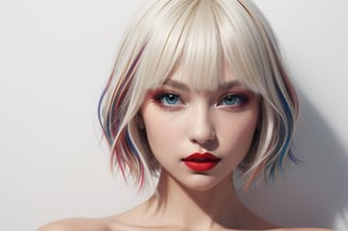 1girl,solo, upper body,looking at viewer, white background, bob cut, short hair, multicolored hair, makeup , parted lips, red lips, eyeliner, 