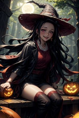 (masterpiece), best quality, expressive pink eyes, perfect face, male soldiers in witch hat  and pumpkin lantern, dynamic angle, dynamic pose, close-up, Fine dust reflected in light, light particles, lens flare,  fun, Healthy smile, Smiling with shame, better hands, dead tree, deadtree ,fangs, bid moon in background, multicolored_hair,nezuko magic wand, guweiz style, broomstick, flying broomstick, sitting in broomstick ,ninny spangcole,guweiz style