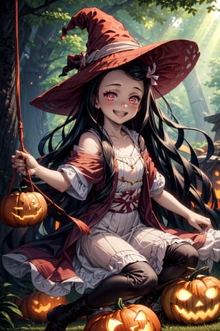 (masterpiece), best quality, expressive pink eyes, perfect face, male soldiers in witch hat  and pumpkin lantern, dynamic angle, dynamic pose, close-up, Fine dust reflected in light, light particles, lens flare,  fun, Healthy smile, Smiling with shame, better hands, dead tree, swing hanging in tree  ,fangs, multicolored_hair,nezuko sitting in swing