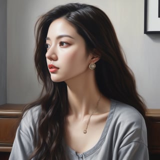 ((masterpiece), (best quality), (highly detailed)), A woman with long hair wearing a gray shirt is the subject of this beautiful painting. The artist has created a realistic and detailed portrayal of a cute girl, showcasing their expertise in 4K digital art. The painting captures the essence of the woman's features, bringing them to life with stunning realism. The use of oil adds to the beauty and richness of the portrait, making it a magnificent and visually captivating piece. This realistic and detailed oil painting is truly a work of art. 