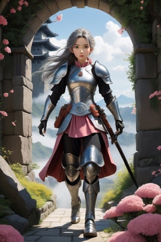 ((Masterpiece), (best quality), (highly detailed)), In a close range, action-packed scene captured in slow motion, a female warrior 1girl wearing full body leather armor strikes an intense pose. The armor has a cloak-style design, accompanied by a pink theme that accentuates its visual appeal. The artwork showcases insane levels of detail, incorporating a bloom effect for a visually stunning outcome. The analog aesthetics add a touch of authenticity to the composition, further enhanced by high sharpness and intricate details in the character's pupils. The overall style leans towards an anime aesthetic, resembling anime paintings, and is crafted with meticulous attention to detail. The artwork is rendered in 8K resolution, offering photorealistic visuals. The character features long, grey, and messy hair, exuding an ecstatic vibe, while maintaining sharp and realistic elements. Real shadows and 3D rendering techniques are employed to ensure the highest quality outcome. The concept art maintains a resolution of 4K, while incorporating The Castle of Shadows as the background. The background itself is highly detailed, serving as a captivating setting for the character. Drawing inspiration from the mksks style and the esteemed works of Studio Ghibli, Hayao Miyazaki, Akira, and Katsuhiro Otomo.