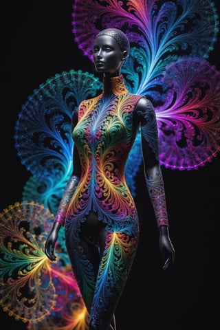 ((Masterpiece), (best quality), (highly detailed)), A mannequin made of multicolored quantum entanglement stands tall in the midst of a fractal mist. The intricate patterns of the entangled particles create a mesmerizing display, capturing the essence of quantum physics. The composition is captured through macropotography against a deep black background, emphasizing the vibrant colors and delicate details of the mannequin.