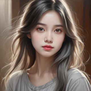 ((masterpiece), (best quality), (highly detailed)), A woman with long hair wearing a gray shirt is the subject of this beautiful painting. The artist has created a realistic and detailed portrayal of a cute girl, showcasing their expertise in 4K digital art. The painting captures the essence of the woman's features, bringing them to life with stunning realism. The use of oil adds to the beauty and richness of the portrait, making it a magnificent and visually captivating piece. This realistic and detailed oil painting is truly a work of art. 