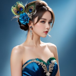 ((Masterpiece), (best quality), (highly detailed)), A beautiful peacock feather dress adorns a young girl standing elegantly in a cowboy shot. She wears elbow gloves while holding a flower in one hand and her other hand rests gracefully on her hip. She looks directly at the viewer with her stunning blue eyes, a hair ornament accenting her single hair bun. Her dress is intricately detailed, revealing bare shoulders and complimented by black gloves. Her long dress flows to the ground while her bangs and grey hair frame her face. The scene is reminiscent of the mucha art style with exquisite attention to detail.,detailmaster2,xxmix_girl