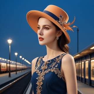 ((masterpiece), (best quality), (highly detailed)), A brunette woman wearing an elegant hat stands gracefully outside a track. The scene is meticulously detailed, with every intricate element captured in the light orange and dark blue color palette. Inspired by the works of Dmitry Vishnevsky and the School of London, the woman's attire features a combination of light brown and black tones, creating a sophisticated and stylish look. The artwork is rendered with multilayered precision, showcasing the finest details even in its 8k resolution. 