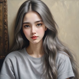 ((masterpiece), (best quality), (highly detailed)), A woman with long hair wearing a gray shirt is the subject of this beautiful painting. The artist has created a realistic and detailed portrayal of a cute girl, showcasing their expertise in 4K digital art. The painting captures the essence of the woman's features, bringing them to life with stunning realism. The use of oil adds to the beauty and richness of the portrait, making it a magnificent and visually captivating piece. This realistic and detailed oil painting is truly a work of art. 