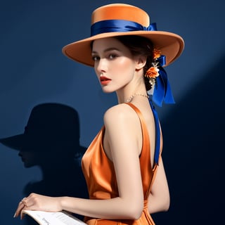 ((masterpiece), (best quality), (highly detailed)), A brunette woman wearing an elegant hat stands gracefully outside a track. The scene is meticulously detailed, with every intricate element captured in the light orange and dark blue color palette. Inspired by the works of Dmitry Vishnevsky and the School of London, the woman's attire features a combination of light brown and black tones, creating a sophisticated and stylish look. The artwork is rendered with multilayered precision, showcasing the finest details even in its 8k resolution. ,detailmaster2