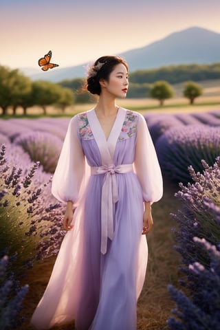 ((Masterpiece), (best quality), (highly detailed)), An japanese American woman, dressed in nature-themed clothing, is standing in the midst of a lavender pasture, surrounded by fluttering butterflies. With her poised and strong stance, she looks into a mirror that reflects a scene opposite to everything in the foreground. The entire composition is highly detailed, capturing the beauty of the woman and the pastoral landscape with great care.