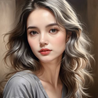 ((masterpiece), (best quality), (highly detailed)), A woman with long hair wearing a gray shirt is the subject of this beautiful painting. The artist has created a realistic and detailed portrayal of a cute girl, showcasing their expertise in 4K digital art. The painting captures the essence of the woman's features, bringing them to life with stunning realism. The use of oil adds to the beauty and richness of the portrait, making it a magnificent and visually captivating piece. This realistic and detailed oil painting is truly a work of art. 