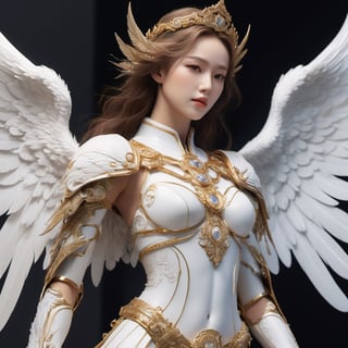 ((Masterpiece), (best quality), (highly detailed)), An angel with powerful wings stands tall in a celestial realm, adorned in radiant white robes. With a broad sword in hand, the angel exudes a sense of strength and divine presence. The intricate details of the angel's golden trim and the delicate feathers of its wings are meticulously rendered, highlighting the beauty and grandeur of this heavenly being,LinkGirl,cyborg style