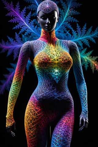 ((Masterpiece), (best quality), (highly detailed)), A mannequin made of multicolored quantum entanglement stands tall in the midst of a fractal mist. The intricate patterns of the entangled particles create a mesmerizing display, capturing the essence of quantum physics. The composition is captured through macropotography against a deep black background, emphasizing the vibrant colors and delicate details of the mannequin.