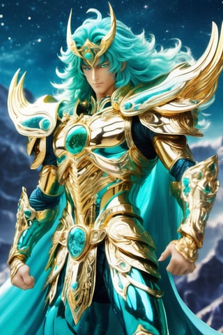 ((Masterpiece), (best quality), (highly detailed)), A majestic Aquarius Gold Saint Seiya with teal long hair emerges at the top of a mountain of stars, radiating a brilliant golden light that outshines the celestial bodies that surround him. The details of his armor are highly intricate, and the coloration of his teal locks are accurately portrayed as they flow behind him.