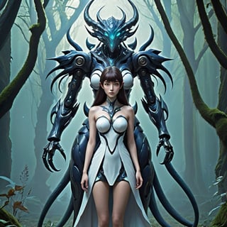 ((masterpiece),  (best quality),  (highly detailed)),  A beautiful girl and an eldritch monster stand together in a mystical forest. They are depicted harmoniously,  showcasing the intriguing connection between human grace and otherworldly fascination. The scene exudes a sense of mystery and enchantment,  with every detail meticulously rendered. The girl,  inspired by artist Hyun Lee,  possesses an ethereal beauty,  characterized by flowing hair and a serene expression. Her captivating eyes convey both curiosity and wisdom. Adorned with intricate jewelry and vibrant nature-inspired patterns,  she becomes a mesmerizing presence. The eldritch monster,  expertly crafted with fantastical elements,  seamlessly blends its tentacles with the forest flora,  creating a captivating amalgamation of alien and natural forms. Soft lighting envelops the scene,  adding an ethereal glow to the dreamlike atmosphere. Leveraging digital painting techniques,  the artist's illustrative style infuses the composition with a touch of fantasy,  resulting in a high-quality artwork that encapsulates the essence of the mystical forest and the unique bond between the girl and the eldritch monster,monster,p3rfect boobs,mecha,cleavage,robot,mecha musume