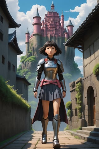 ((Masterpiece), (best quality), (highly detailed)), In a close range, action-packed scene captured in slow motion, a female warrior 1girl wearing full body leather armor strikes an intense pose. The armor has a cloak-style design, accompanied by a pink theme that accentuates its visual appeal. The artwork showcases insane levels of detail, incorporating a bloom effect for a visually stunning outcome. The analog aesthetics add a touch of authenticity to the composition, further enhanced by high sharpness and intricate details in the character's pupils. The overall style leans towards an anime aesthetic, resembling anime paintings, and is crafted with meticulous attention to detail. The artwork is rendered in 8K resolution, offering photorealistic visuals. The character features long, grey, and messy hair, exuding an ecstatic vibe, while maintaining sharp and realistic elements. Real shadows and 3D rendering techniques are employed to ensure the highest quality outcome. The concept art maintains a resolution of 4K, while incorporating The Castle of Shadows as the background. The background itself is highly detailed, serving as a captivating setting for the character. Drawing inspiration from the mksks style and the esteemed works of Studio Ghibli, Hayao Miyazaki, Akira, and Katsuhiro Otomo.