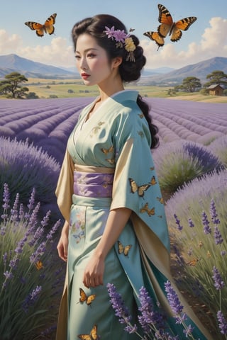 ((Masterpiece), (best quality), (highly detailed)), An japanese American woman, dressed in nature-themed clothing, is standing in the midst of a lavender pasture, surrounded by fluttering butterflies. With her poised and strong stance, she looks into a mirror that reflects a scene opposite to everything in the foreground. The entire composition is highly detailed, capturing the beauty of the woman and the pastoral landscape with great care.