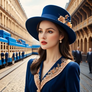 ((masterpiece), (best quality), (highly detailed)), A brunette woman wearing an elegant hat stands gracefully outside a track. The scene is meticulously detailed, with every intricate element captured in the light orange and dark blue color palette. Inspired by the works of Dmitry Vishnevsky and the School of London, the woman's attire features a combination of light brown and black tones, creating a sophisticated and stylish look. The artwork is rendered with multilayered precision, showcasing the finest details even in its 8k resolution. ,detailmaster2