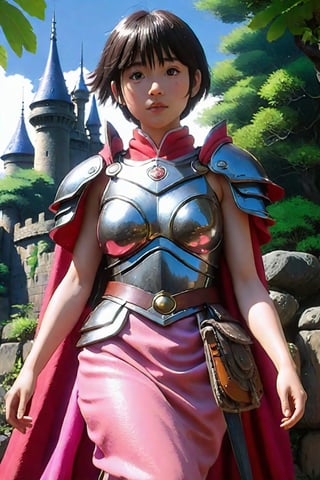 ((Masterpiece), (best quality), (highly detailed)), In a close range, action-packed scene captured in slow motion, a female warrior 1girl wearing full body leather armor strikes an intense pose. The armor has a cloak-style design, accompanied by a pink theme that accentuates its visual appeal. The artwork showcases insane levels of detail, incorporating a bloom effect for a visually stunning outcome. The analog aesthetics add a touch of authenticity to the composition, further enhanced by high sharpness and intricate details in the character's pupils. The overall style leans towards an anime aesthetic, resembling anime paintings, and is crafted with meticulous attention to detail. The artwork is rendered in 8K resolution, offering photorealistic visuals. The character features long, grey, and messy hair, exuding an ecstatic vibe, while maintaining sharp and realistic elements. Real shadows and 3D rendering techniques are employed to ensure the highest quality outcome. The concept art maintains a resolution of 4K, while incorporating The Castle of Shadows as the background. The background itself is highly detailed, serving as a captivating setting for the character. Drawing inspiration from the mksks style and the esteemed works of Studio Ghibli, Hayao Miyazaki, Akira, and Katsuhiro Otomo.