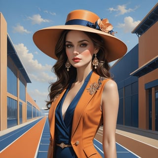 ((masterpiece), (best quality), (highly detailed)), A brunette woman wearing an elegant hat stands gracefully outside a track. The scene is meticulously detailed, with every intricate element captured in the light orange and dark blue color palette. Inspired by the works of Dmitry Vishnevsky and the School of London, the woman's attire features a combination of light brown and black tones, creating a sophisticated and stylish look. The artwork is rendered with multilayered precision, showcasing the finest details even in its 8k resolution. ,detailmaster2