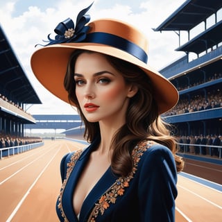 ((masterpiece), (best quality), (highly detailed)), A brunette woman wearing an elegant hat stands gracefully outside a track. The scene is meticulously detailed, with every intricate element captured in the light orange and dark blue color palette. Inspired by the works of Dmitry Vishnevsky and the School of London, the woman's attire features a combination of light brown and black tones, creating a sophisticated and stylish look. The artwork is rendered with multilayered precision, showcasing the finest details even in its 8k resolution. ,detailmaster2