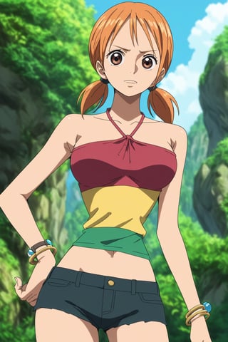 score_9, score_8_up, score_7_up, score_6_up, score_5_up, score_4_up, BREAK, source_anime,,nami-v1,twintails,midriff,shorts