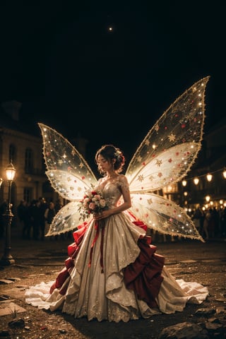 (((Fairy))),Story, bride posing under a fairy tale, elaborate scene style, glitter, red black, realistic style, 8k,exposure blend, medium shot, bokeh, (hdr:1.4), high contrast, (cinematic, red and white film), (muted colors, dim colors, soothing tones:1.3), low saturation, (hyperdetailed:1.2), (noir:0.4)