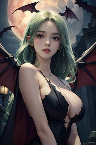 girl in castlevania venue wearing skimpy vampiric dress, A look tinged with joy,Ephemeral woman, with bats, Soft lighting, anime moe art style,((They are very focused:1.5)), big tits,extremely detailed eye and face、beatiful detailed eyes, yellow eyes, Beautiful skins, finely detail、smooth hair,detailed hairs,Very fine hairs, light green hair, very long hair, Cool color makeup,Lowered eyebrows、Whitening effect,thin and thin eyebrows,milky skin, bats concentrate on the venue, extremely fair skin, cleavage, ariel view,(batwings:1.4), bloodmoon in the sky, vampire smile, glaring moon light, voluptuous, looking afar, ((The gaze is looking at the venue)),