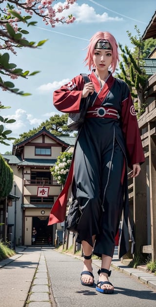 Realistic, itachi Uchiha (Naruto), (masterpiece 1.2), (ultra Max high quality 1.2), (high_resolution 4k), (high detailed face), Sakura haruno, black rob with the Akatsuki symbol, green-eyes, s   , ninja headband, full body, leaf village (Naruto), walking on village road, hokaga stone face background, ,haruno sakura