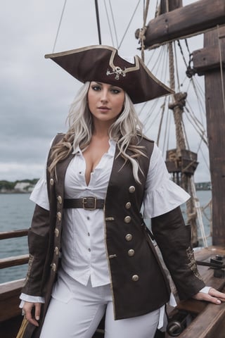 pirate girl, sailing on pirate ship, old pirate ship, solo_focus, female captain, female_pirate, sexy pose, sexy body, curvy_figure, silver_eyes, weaing eyepatch, ((girl wearing pirate outfit, white shirt, brown long coats, pirate hat))