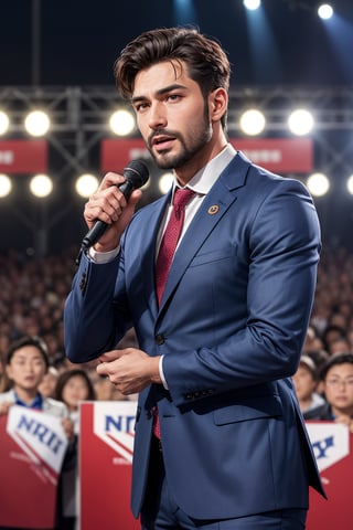 A man extremely handsome who is a politician standing in front of the crowd and addressing the people 