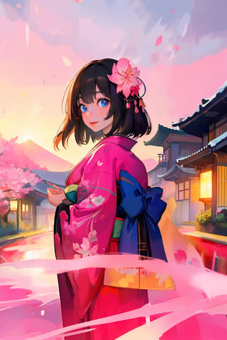 Girl,
(Masterpiece, best quality:1.4), realistic details, extremely details photo, HDR photo, unity, official art, ((anime style, 2.5D illustration)), 
Standing, dutch angle, (extremely details, high resolution:1.3), 
Cowboy shot, (focus face:1.2),
Nature lights, 
Black hair, (Pink kimono, sakura pattern),Japnaese ,Raye face

Detail background, pink and blue tone, sunset, fantasy sky, japanese street, sakura, 