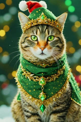 ultra realistic, best quality, cinematic, ultra detailed picture of beautiful cute friendly female cat wearing an intricate form-fitting green-gold christmas outfit with glowing fractal elements, village, outdoors, winter, sharp focus, work of beauty and complexity invoking a sense of magic and fantasy, 8k UHD, colorful aura, glowing, upper body, small breasts, santa hat, (((closeup)))