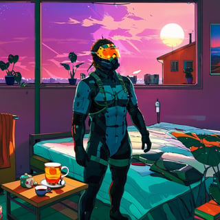 masterpiece, best quality, (((Metal Gear Solid Snake in sleeping wear drinking 1 cup of tea casually))), looking at the camera,real life, art by simon stalenhag, ,aw0k geometry,aw0k straightstyle