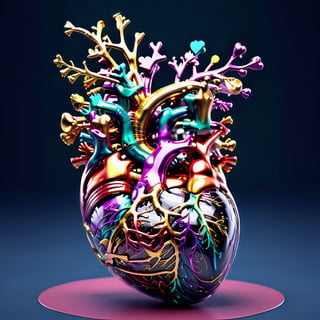 masterpiece, best quality, 3D model of the human heart, scientifically accurate in its anatomical representation, the chambers, valves, and blood vessels in exquisite detail, (reflective:1.25)