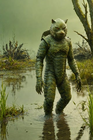 photograph still shot of an Gill_man cat in swamp in a futuristic space suit in a distant planet, hyper realistic, unreal engine, photorealistic, ultra detailed, cinematic, aw0k cat,more detail XL