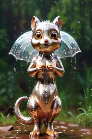 cute tiny wet squirrel in rain, shimmering fur, glittery eyes, cg render, 4k, simple, asthetic (3d, cute, chibi style), ((perfect high detailed image)), hyper-realistic detailed rendering, elegant pose, professional lighting, intricate details,aw0k meltdown style