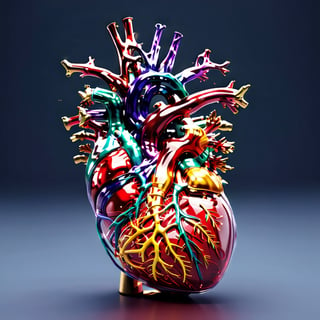 masterpiece, best quality, 3D model of the human heart, scientifically accurate in its anatomical representation, the chambers, valves, and blood vessels in exquisite detail, (reflective:1.25)