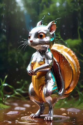 cute tiny wet squirrel in rain, shimmering fur, glittery eyes, cg render, 4k, simple, asthetic (3d, cute, chibi style), ((perfect high detailed image)), hyper-realistic detailed rendering, elegant pose, professional lighting, intricate details,aw0k meltdown style