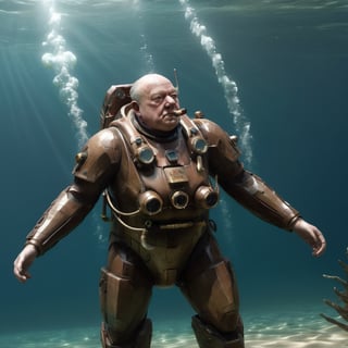 masterpiece, best quality, Winston Churchill as a deep-sea diver in a fantastical underwater world, puffing on his cigar while encountering mythical sea creatures (medium full shot: 1.3), aquatic diplomacy ,Movie Still,photo r3al,aw0k,armored core