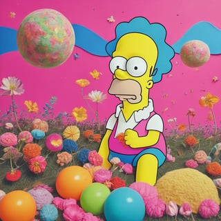 detailed On pale black paper, Golden ratio, (epic portrait of homer:1.2) , wearing Illuminating Pearl Amaranth ballerina skirt, Crouching down, Ukrainian Belly Button Ring, Clown Face Paint, lush space, Masterpiece, Smiling, Post-Punk, Muted Colors, Psychedelic and cherry blossom pink dust particles, glimmering transformation, aw0k dalle