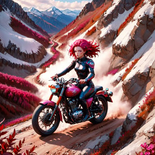 aw0k euphoricred style, photograph, woman in motorcycle, riding through the mountains, drone shot, dark black and Fuchsia Raging hair, at Overcast, soft focus, Sketched, Beautifully Lit, film grain, Kodak gold 200, Zoom lens, One Color, art by Arnold Schoenberg, 