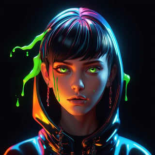 portrait of a mysterious girl saint, cinema 4d, gowing eyes, bored, punk fashion, boiling colors, dripping slime liquid lava, undersater, burning, cosmic, gamer, minimalist illustration, retro futuristic, inspired by Jamie Hewlett, glowing, black background