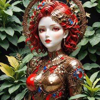 ((masterpiece)), (((best quality))), ((ultra-detailed)), beautiful  woman made of bronze frame, pieces of ceramics, pieces of mirrors, red threads representing hair, with some plants coming out of this sculpture ,aw0k euphoric style,aw0k euphoricred style