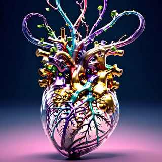 masterpiece, best quality, 3D model of the human heart, scientifically accurate in its anatomical representation, the chambers, valves, and blood vessels in exquisite detail, (reflective:1.25)